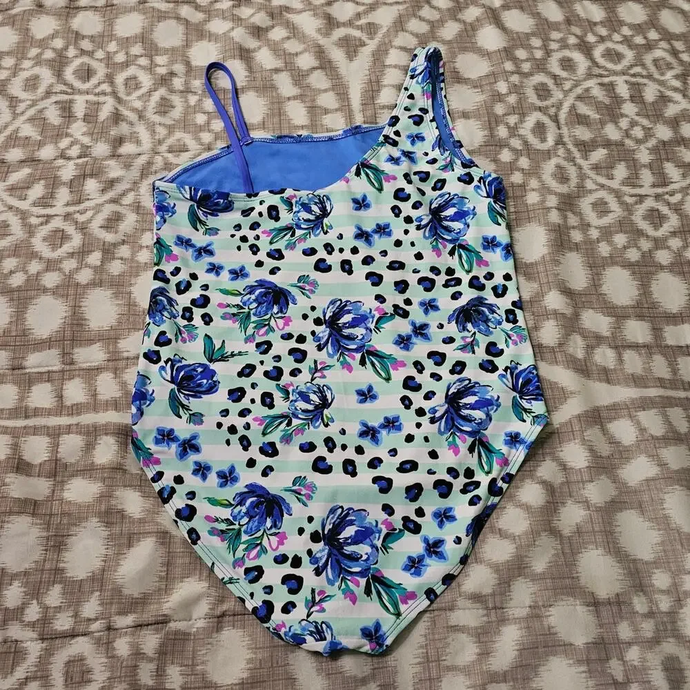 Wonder Nation Girls Swimsuit One Piece Size 2XL (18) Blue White Leopard Floral